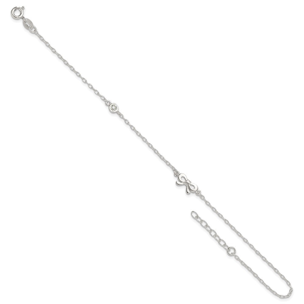 Sterling Silver CZ and Bow 9 inch Plus 1 inch Extender - Total 10 inch Anklet