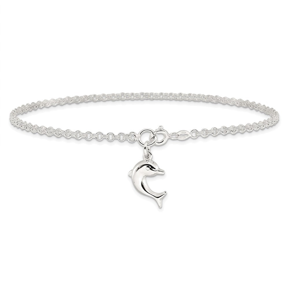 Sterling Silver 10inch Hollow Polished 3-D Dolphin Anklet