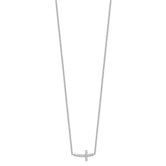 Sterling Silver Rhodium-plated CZ Sideways Cross 16 inch Necklace with 2 inch extension