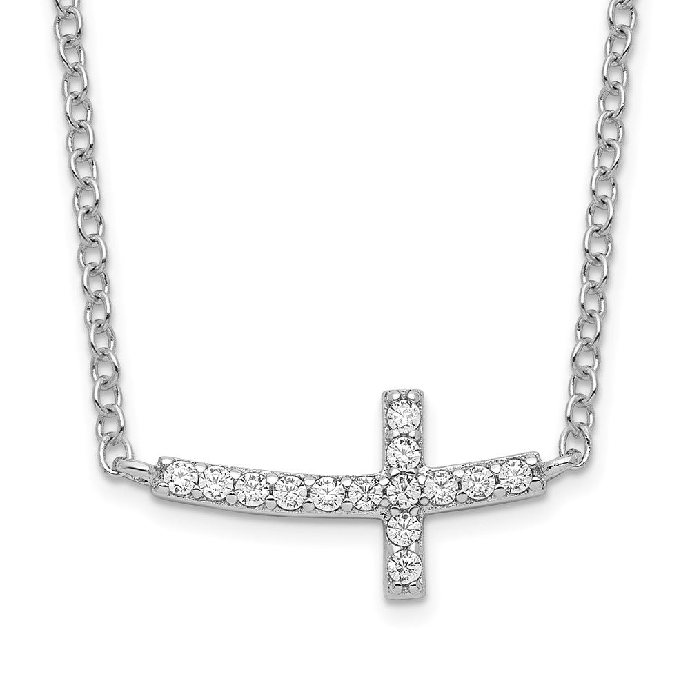 Sterling Silver Rhodium-plated CZ Sideways Cross w/2 inch ext Necklace