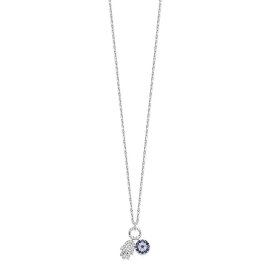 Sterling Silver Rhod-plated CZ Eye and Hamsa Charm Necklace