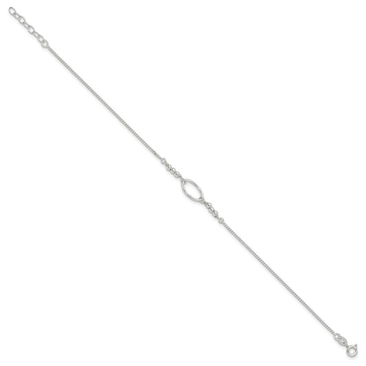 Sterling Silver Oval Link and Beads 9 inch Plus 1 inch Extender - Total 10 inch Anklet