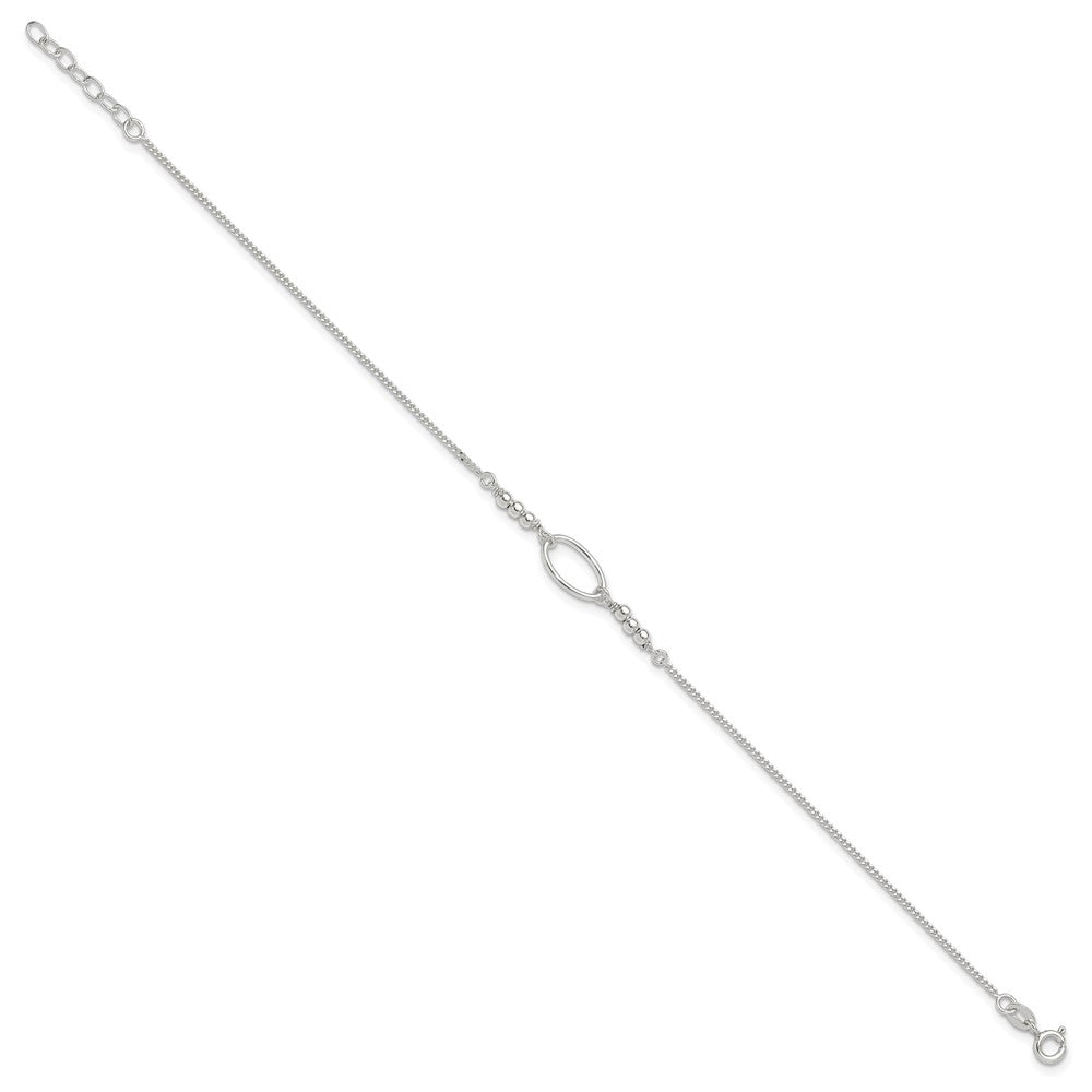 Sterling Silver Oval Link and Beads 10 inch Plus 1 inch Extender - Total 11 inch Anklet