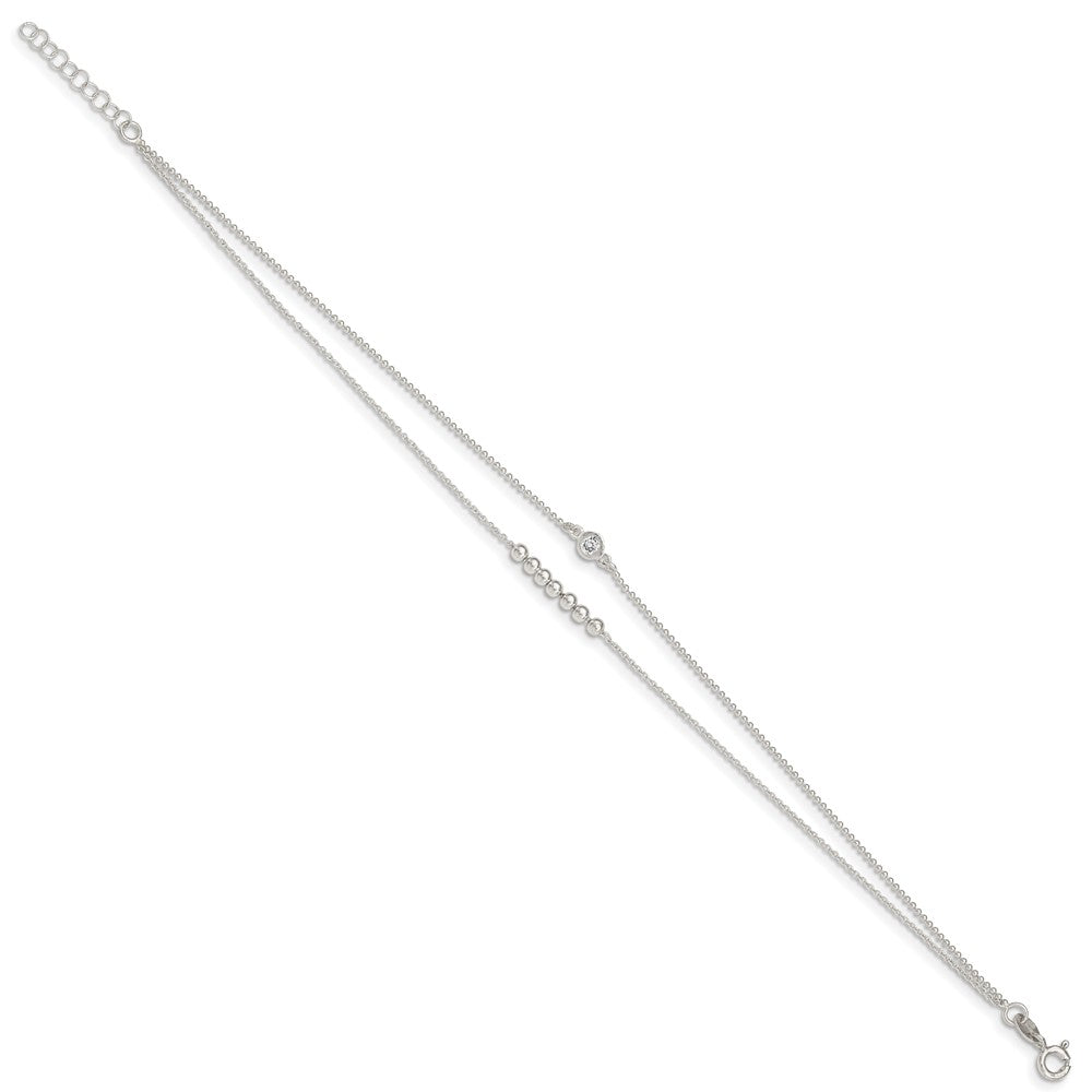Sterling Silver 2-Strand Beaded CZ 9 inch Plus 1 inch Extender - Total 10 inch Anklet