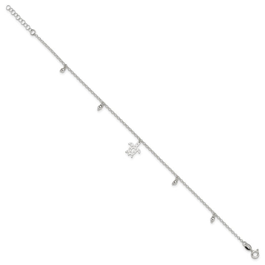 Sterling Silver Turtle and Beads 9 inch Plus 1 inch Extender - Total 10 inch Anklet