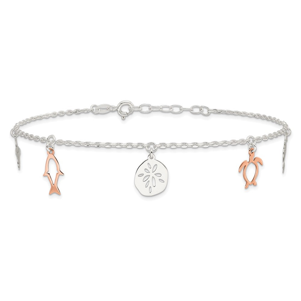Sterling Silver Rose-tone Seashore Charms 9 inch Plus 1 inch Extender - Total 10 inch Anklet