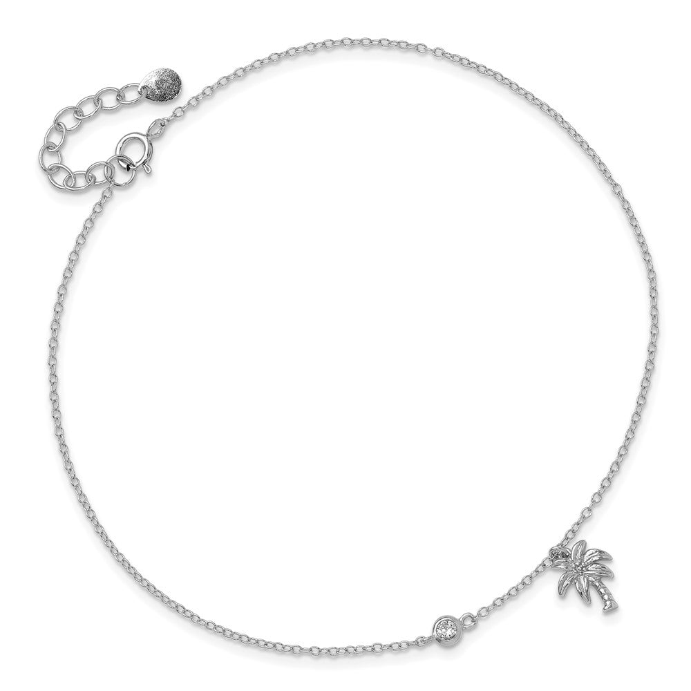 Sterling Silver Rhodium-plated CZ / Palm Tree 9 inch Plus 1 inch Extender - Total 10 inch Anklet