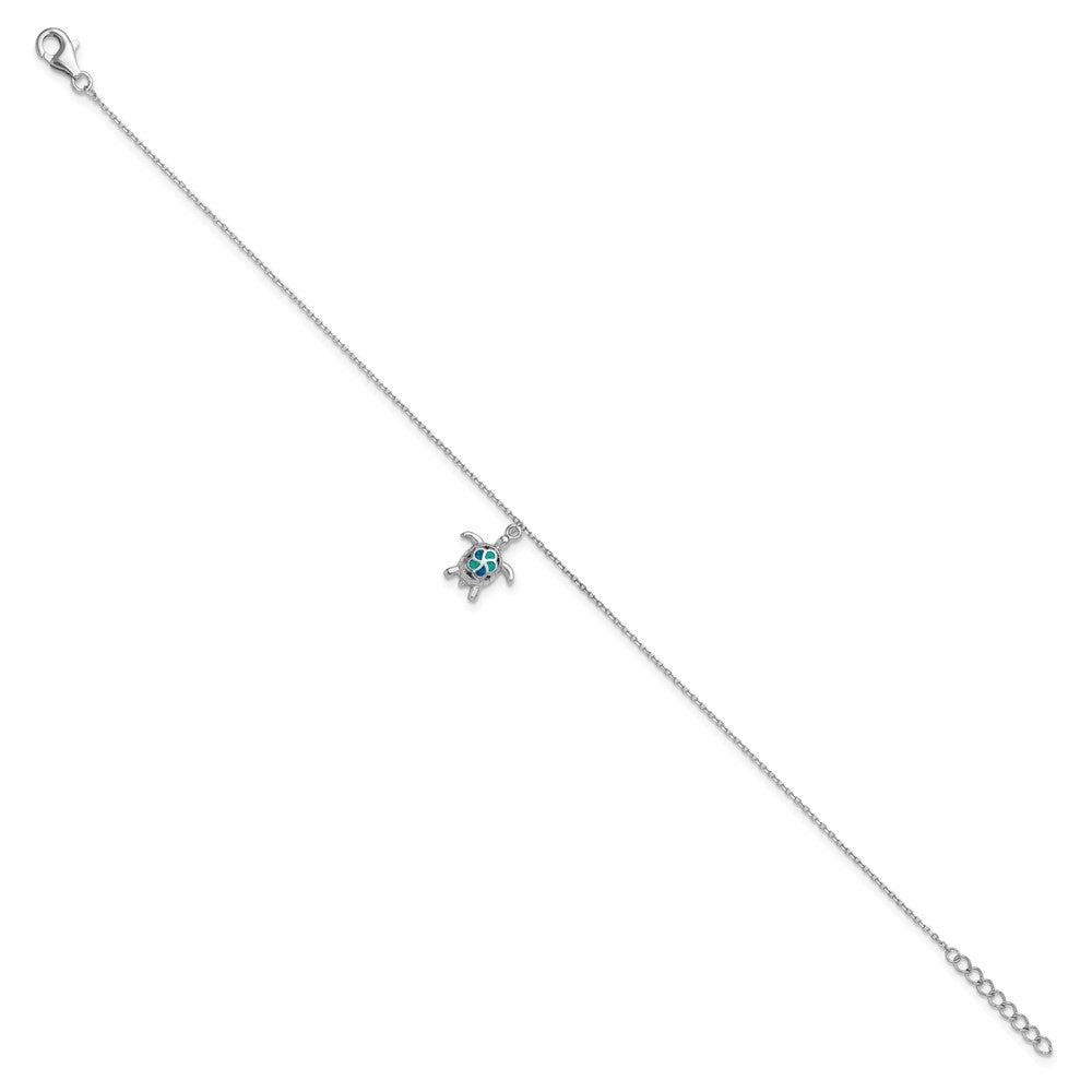 Sterling Silver Rhodium-plated Created Opal Turtle 9 inch Plus 1 inch Extender - Total 10 inch Anklet