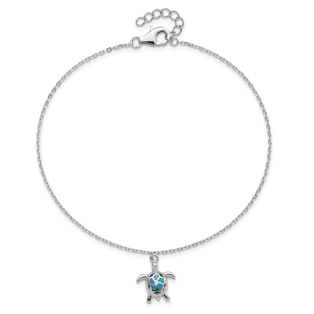 Sterling Silver Rhodium-plated Created Opal Turtle 9 inch Plus 1 inch Extender - Total 10 inch Anklet
