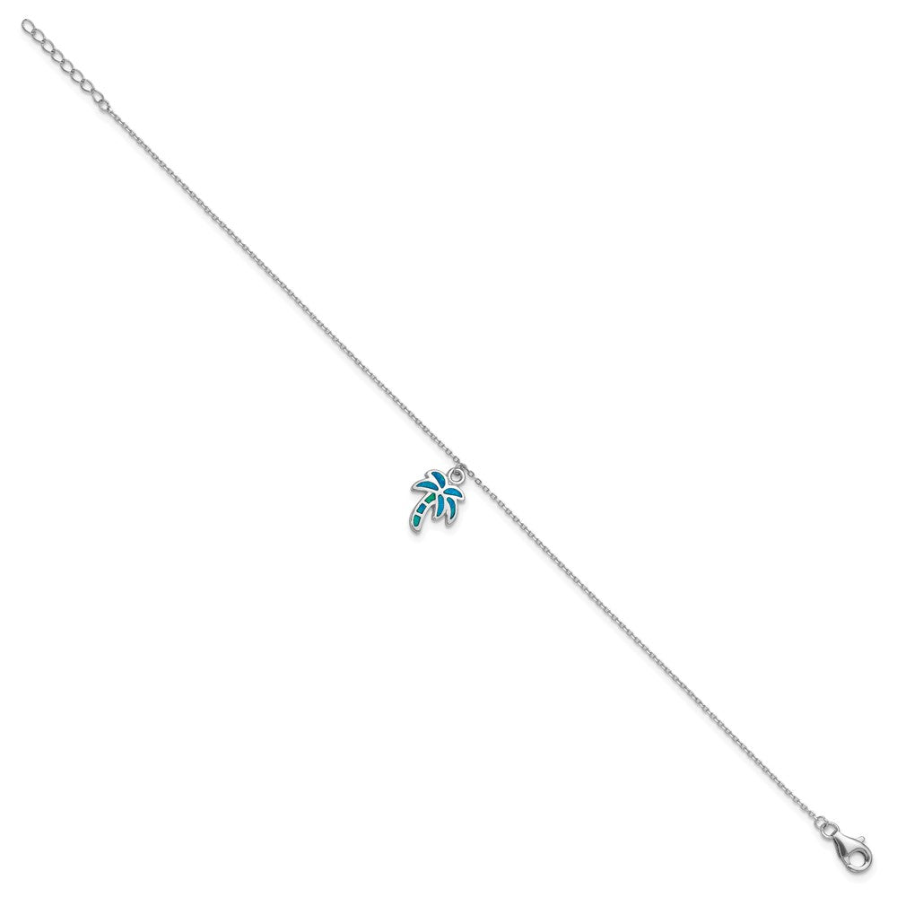 Sterling Silver Rhodium-plated Created Opal Palm Tree 9 inch Plus 1 inch Extender - Total 10 inch Anklet