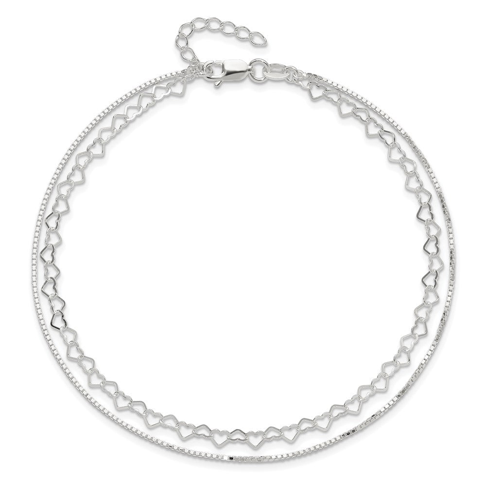 Sterling Silver 2-Strand Heart Link 9 inch Plus 1 inch Extender - Total 10 inch Anklet