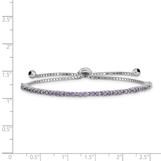 Sterling Silver Rhodium-plated February Purple CZ Adjustable Bracelet