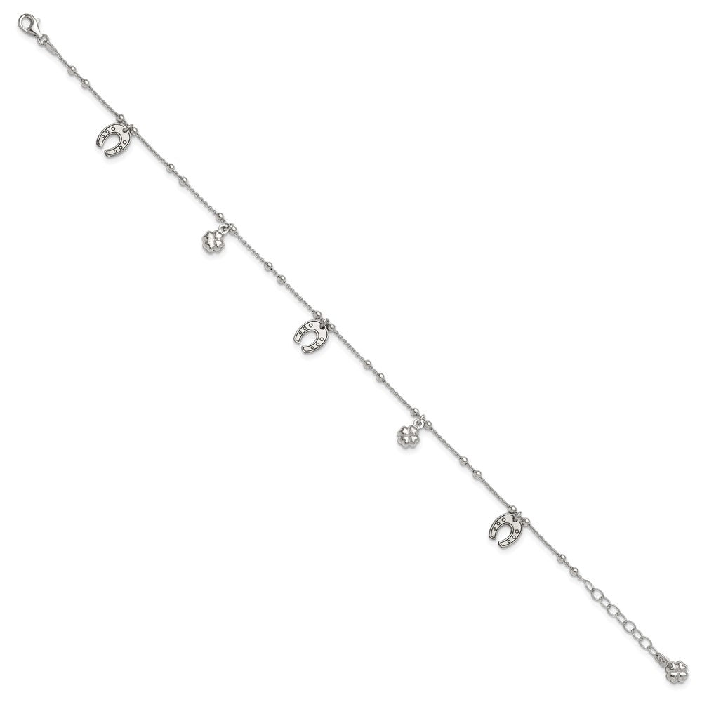 Sterling Silver Rhodium-plated Clover/Horseshoe 9 inch Plus 1 inch Extender - Total 10 inch Anklet