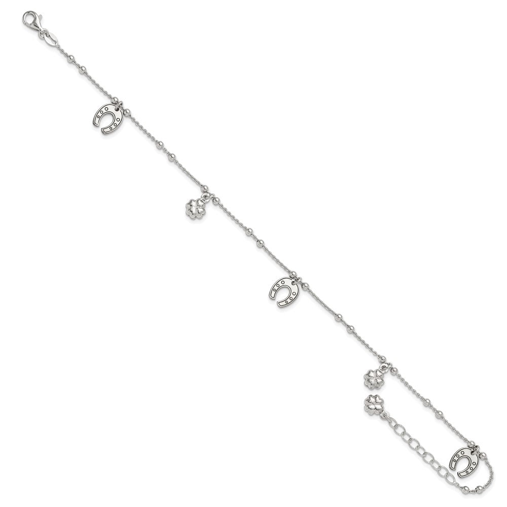 Sterling Silver Rhodium-plated Clover/Horseshoe 9 inch Plus 1 inch Extender - Total 10 inch Anklet