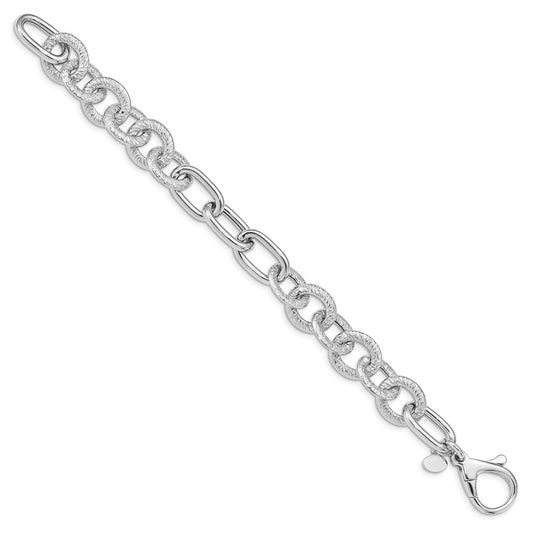 Sterling Silver Rhodium-plated Polished Textured Fancy Link 8 inch Bracelet