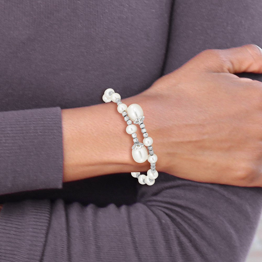 Sterling Silver Rhodium-plated 5-6mm and 8mm White Teardrop and Near-Round White Freshwater Cultured Pearl Wrap Flexible Bangle