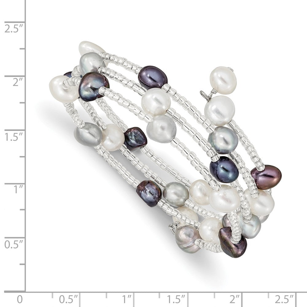 7-8mm Black, Grey and White Baroque Freshwater Cultured Pearl and Glass Beaded 3-row Warp Bracelet
