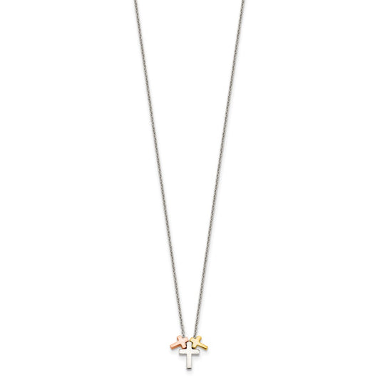 Sterling Silver Rose and Gold-tone 3-Cross w/ 2in ext. Necklace