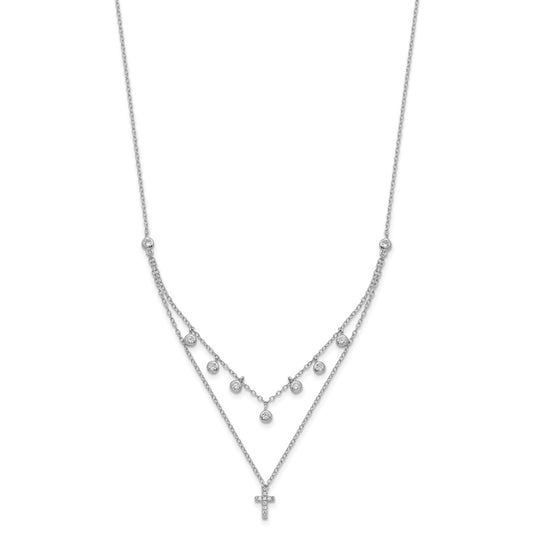Sterling Silver Rhodium-plated CZ Cross w/ 2in ext. Necklace