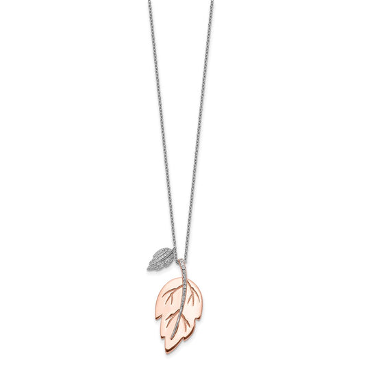 Sterling Silver Rose-tone Polished CZ Leaf 16 inch with 2 inch Extension Necklace
