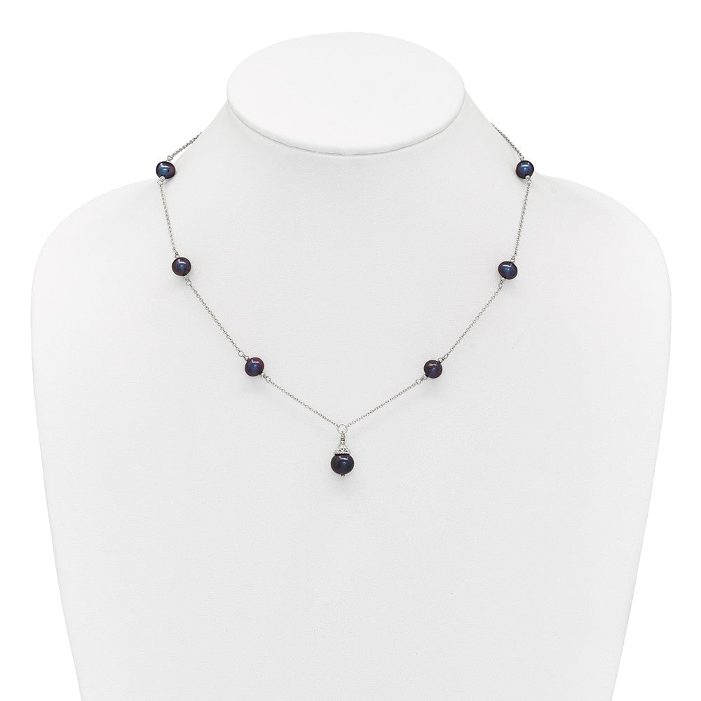 Sterling Silver Rhodium-plated 9-10mm Black Semi-Round Freshwater Cultured Pearl 18 inch Necklace and Dangle Earrings Set