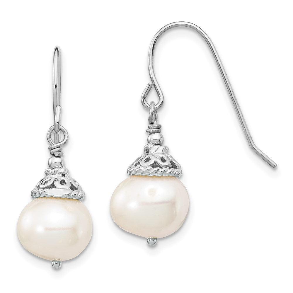 Sterling Silver Rhodium-plated 9-10mm White Near-Round Freshwater Cultured Pearl 18 inch Necklace and Dangle Earrings Set