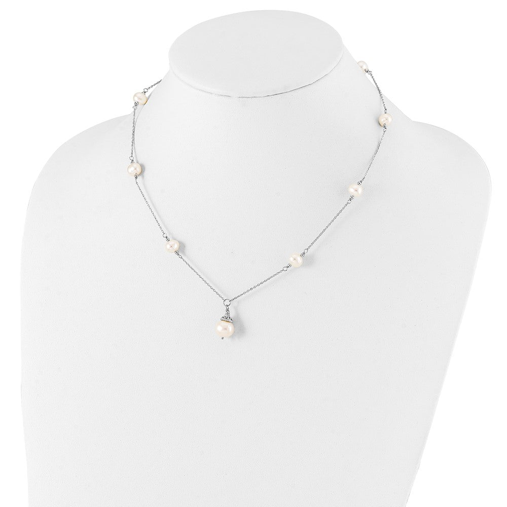 Sterling Silver Rhodium-plated 9-10mm White Near-Round Freshwater Cultured Pearl 18 inch Necklace and Dangle Earrings Set