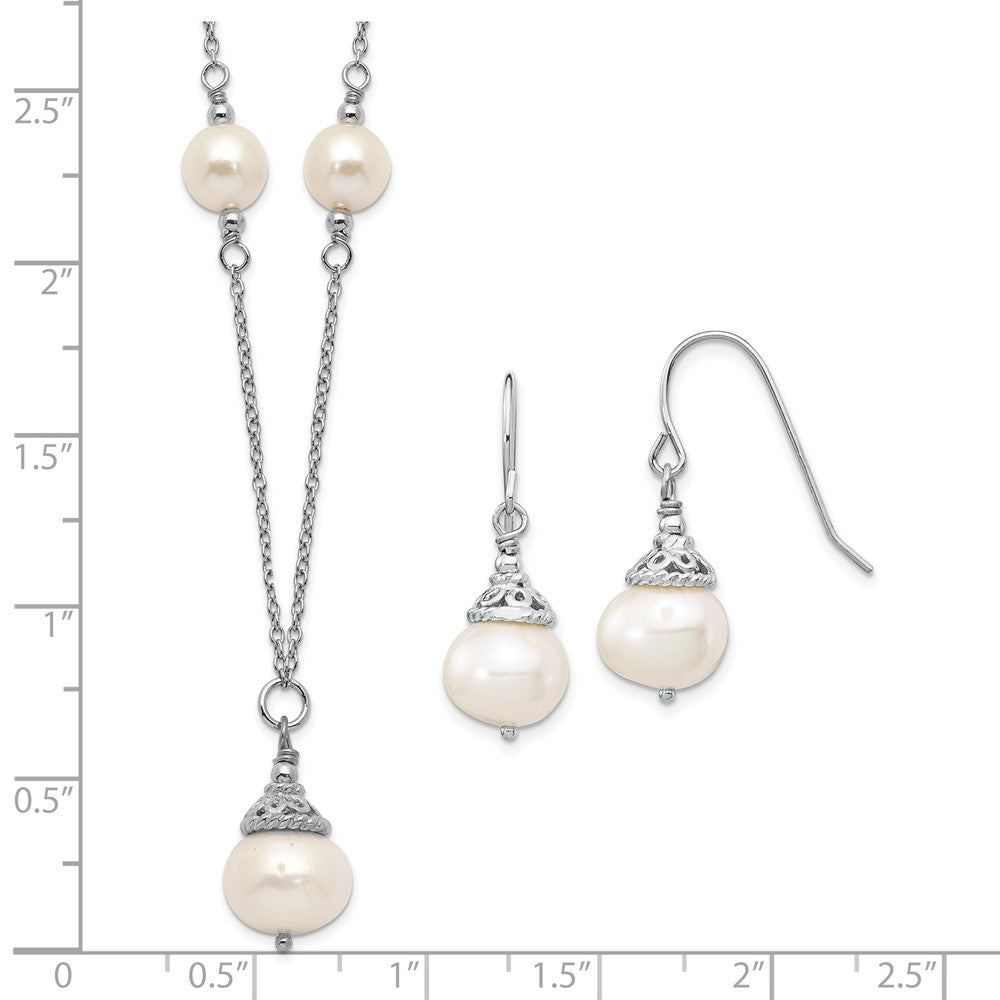 Sterling Silver Rhodium-plated 9-10mm White Near-Round Freshwater Cultured Pearl 18 inch Necklace and Dangle Earrings Set