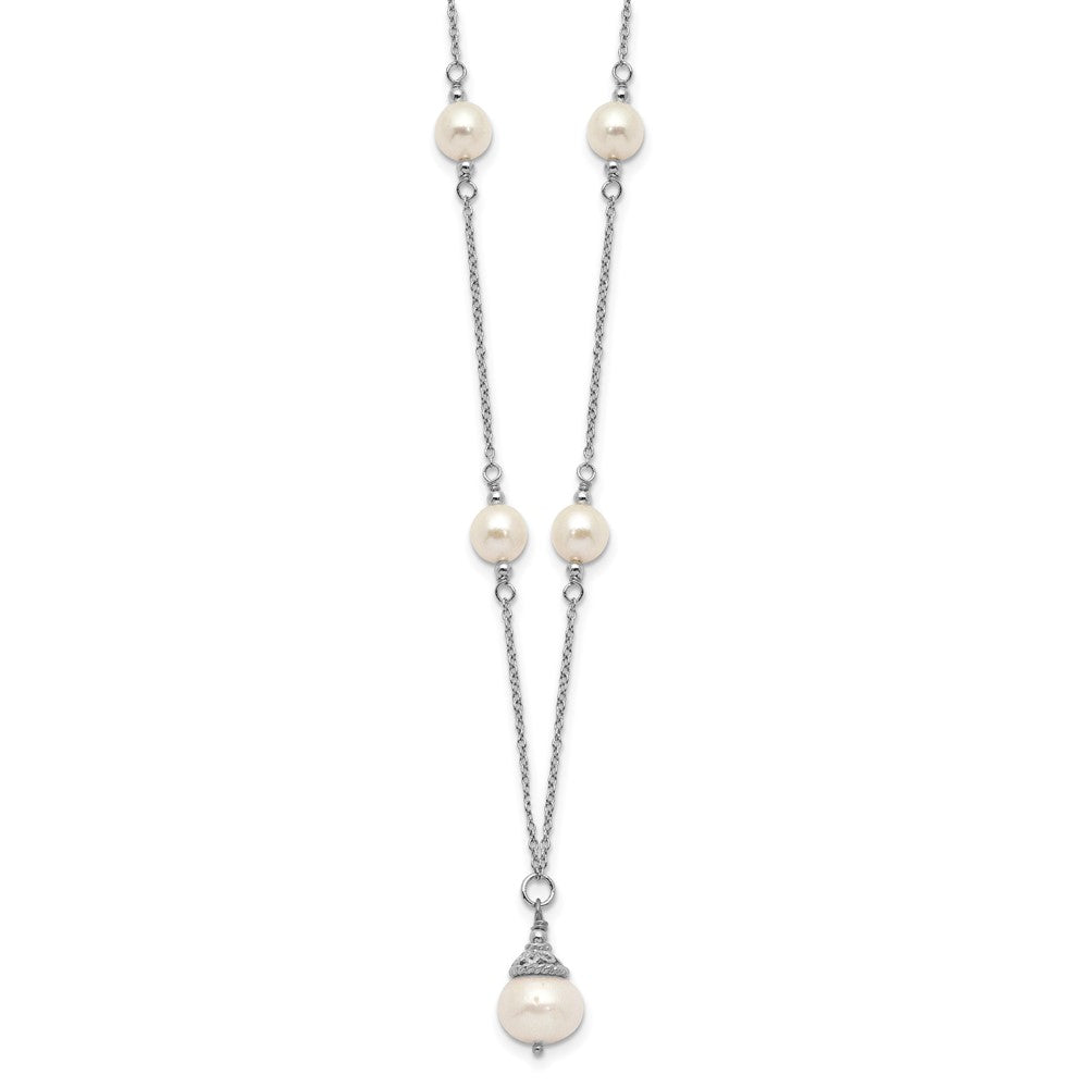 Sterling Silver Rhodium-plated 9-10mm White Near-Round Freshwater Cultured Pearl 18 inch Necklace and Dangle Earrings Set