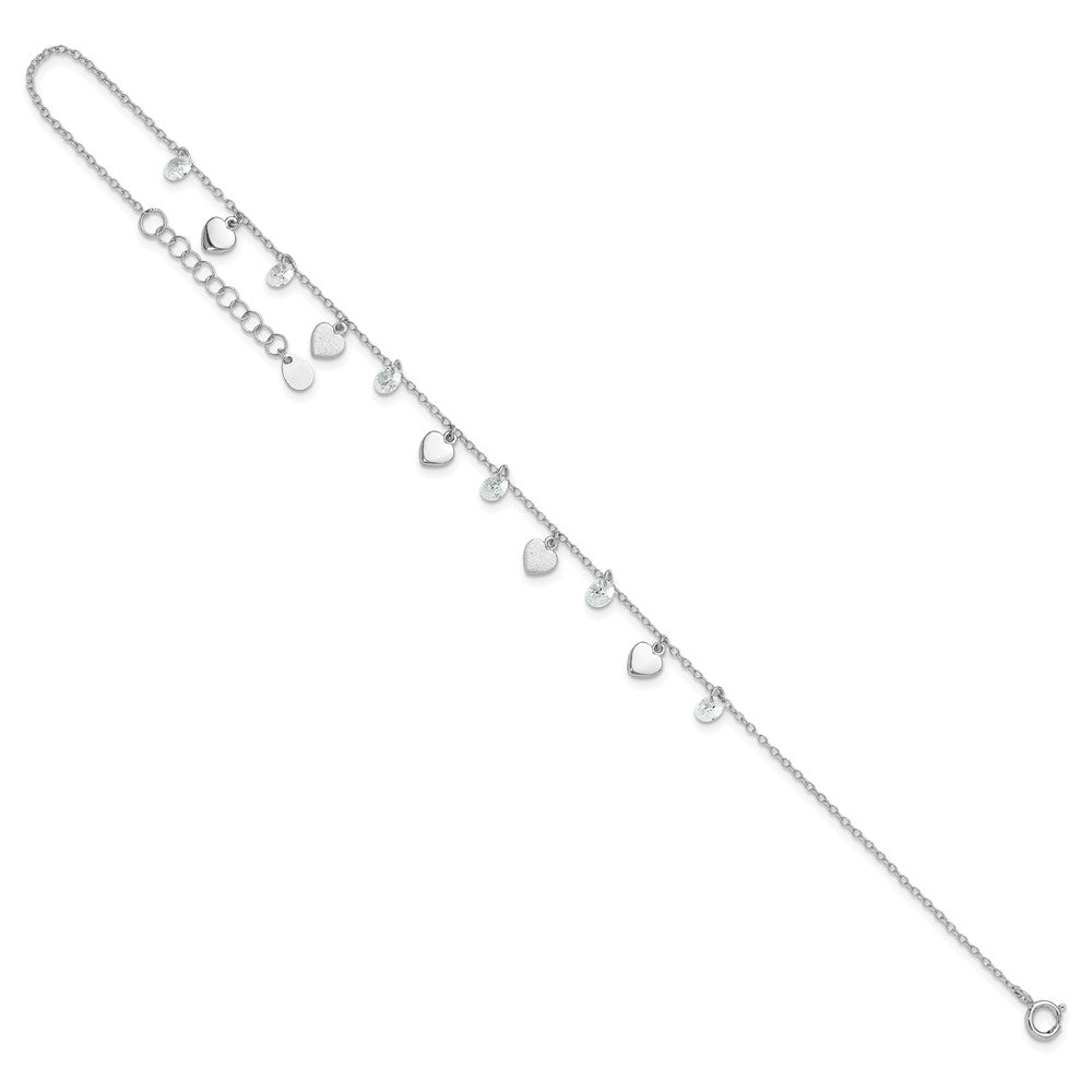 Sterling Silver Rhodium-plated Hearts and CZ 8.75 inch Plus 1 inch Extender - Total 9.75 inch Anklet