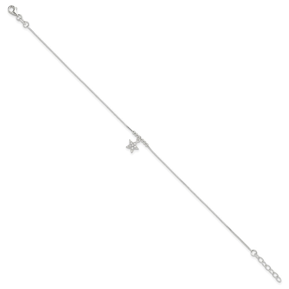 Sterling Silver CZ Star and Beads 9 inch Plus 1 inch Extender - Total 10 inch Anklet