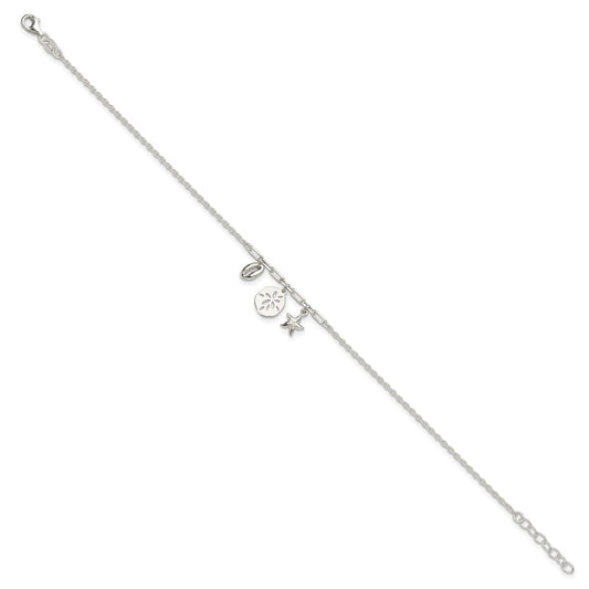 Sterling Silver Shell/SandDollar/Starfish 9 inch Plus 1 inch Extender - Total 10 inch Anklet