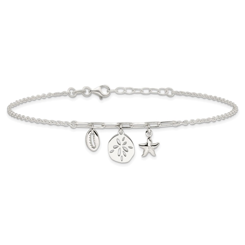 Sterling Silver Shell/SandDollar/Starfish 9 inch Plus 1 inch Extender - Total 10 inch Anklet