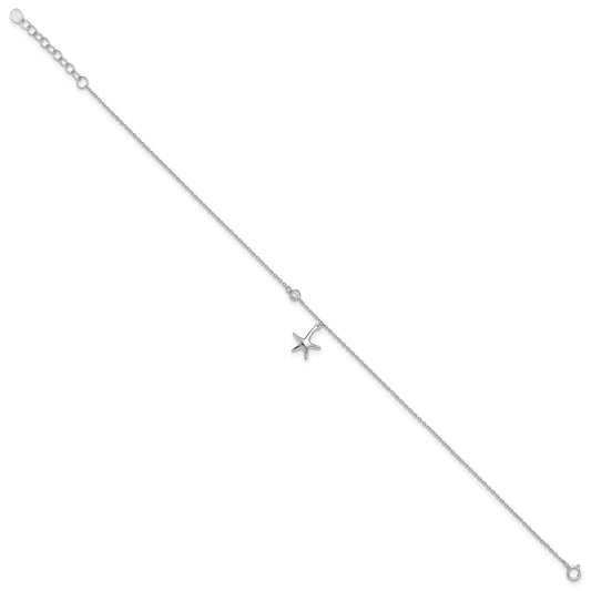 Sterling Silver Rhodium-plated CZ Starfish 9 inch Plus 1 inch Extender - Total 10 inch Anklet