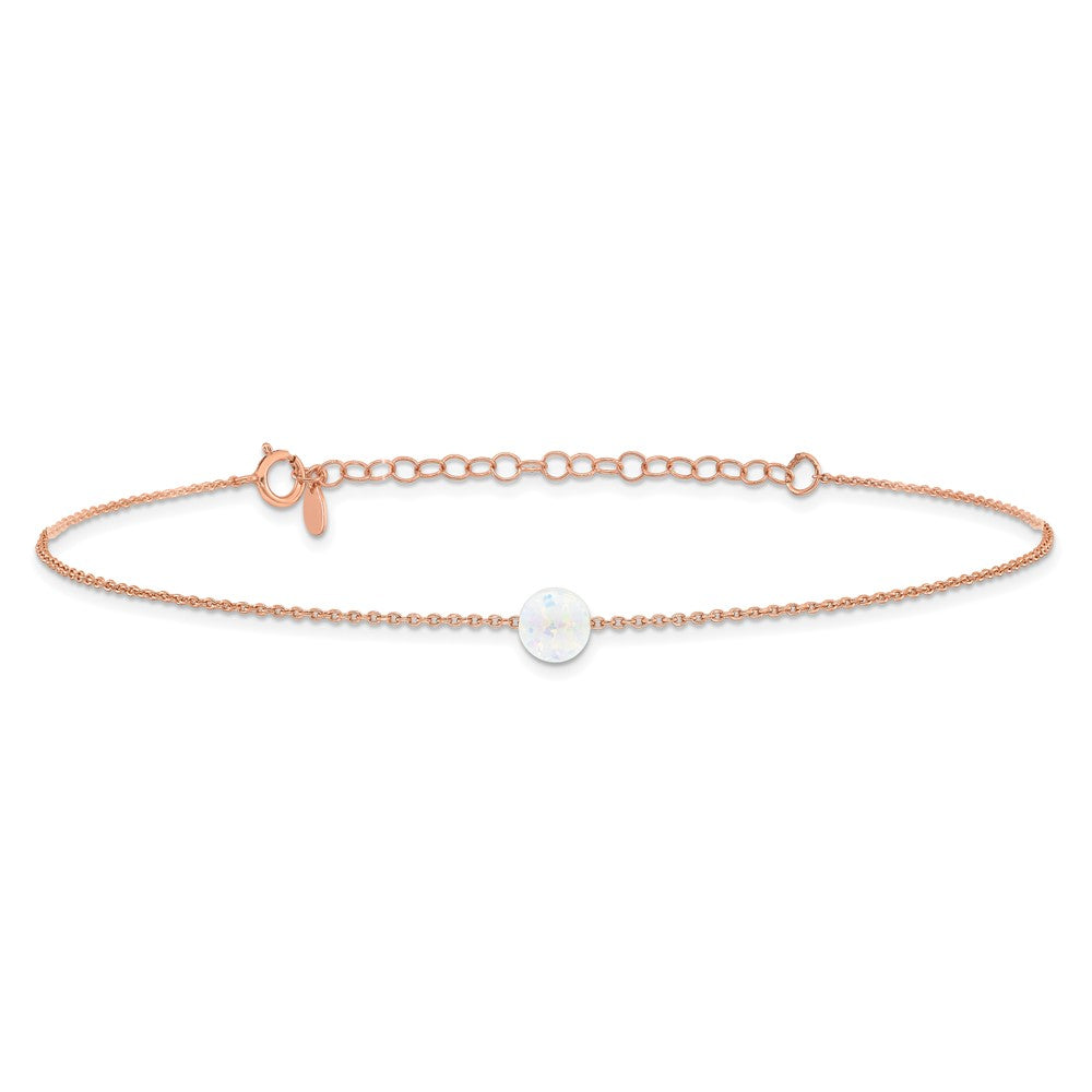 Sterling Silver Rose-tone White Created Opal Bead 9 inch Plus 2 inch Extender - Total 11 inch Anklet