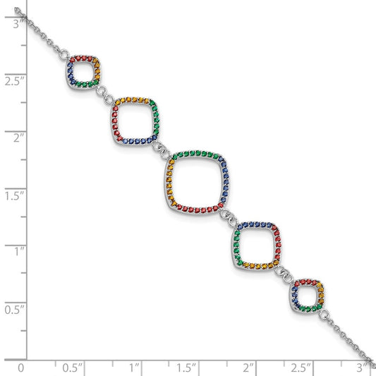Sterling Silver Rhodium-plated Multi-color Nano Crystal Squares 6.5 inch with 1 inch Extension Bracelet