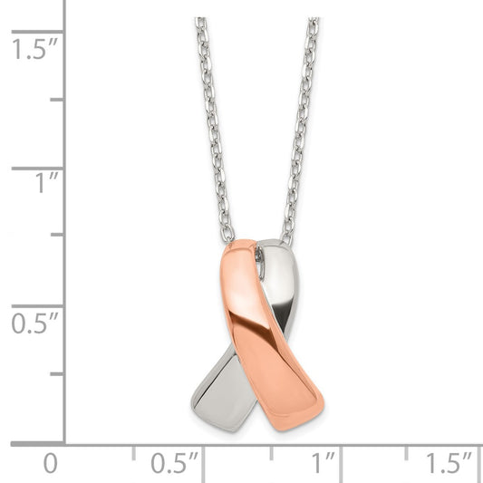 Sterling Silver Rose-tone Polished Awareness Ribbon 16 inch with 2 inch Extension Necklace