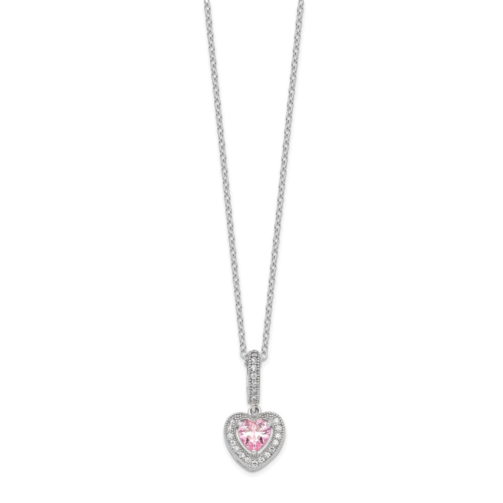 Sterling Silver Rhodium-plated Polished Clear and Pink CZ Heart 18 inch Necklace and Heart Post Earring Set