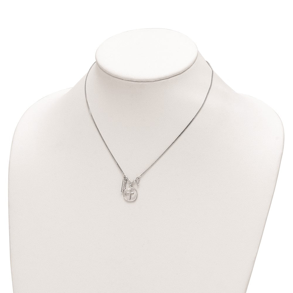 Sterling Silver Rhodium-plated Satin Cross/Hope/CZ w/1.5in Ext Necklace