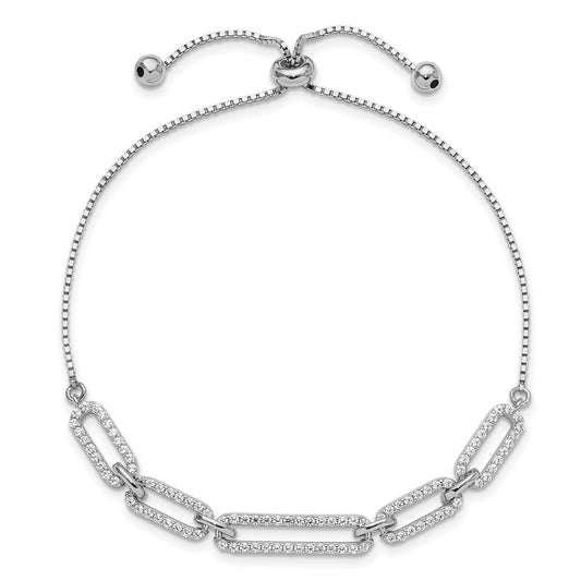 Sterling Silver Rhodium-plated Paperclip Link CZ Adjustable Bolo Bracelet