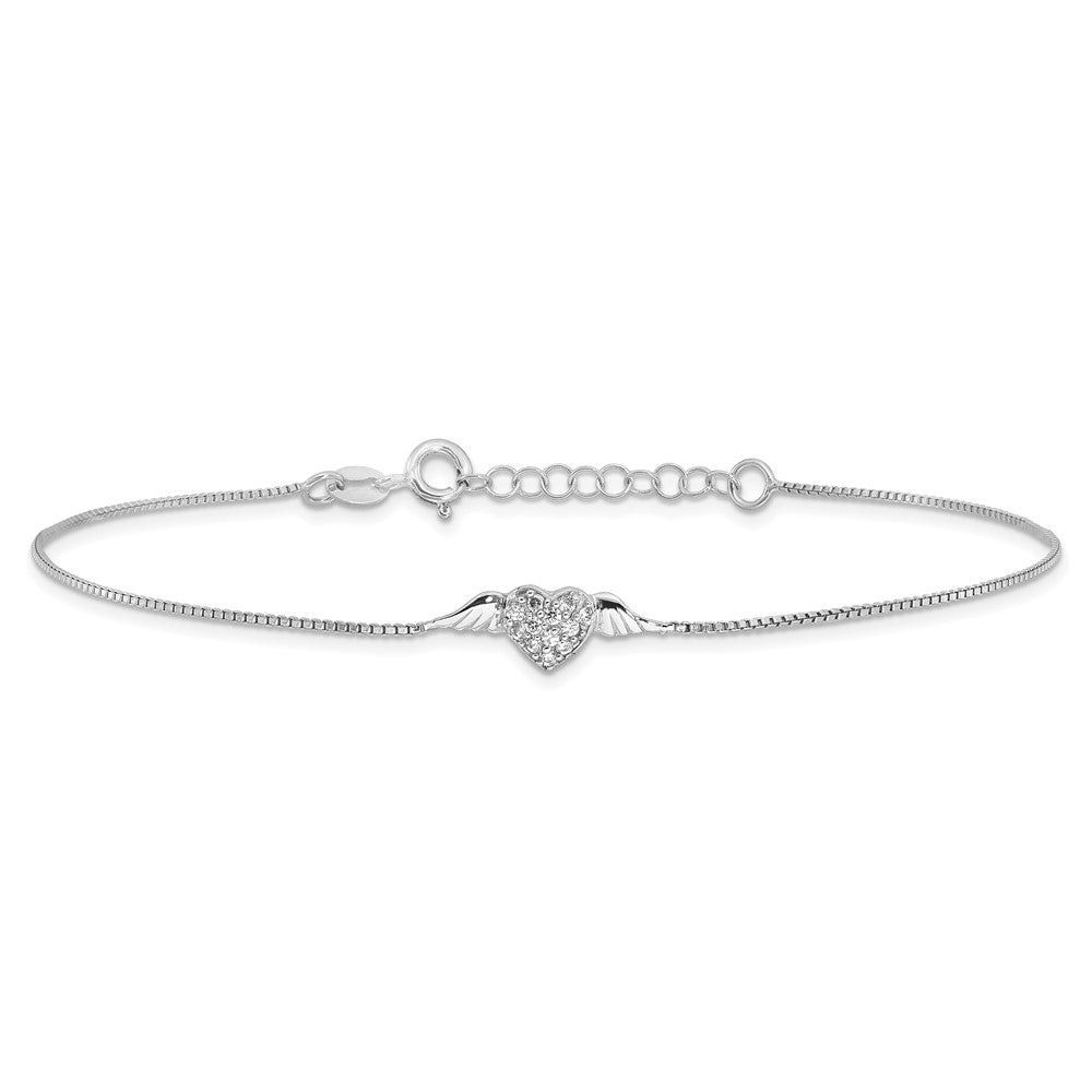 Sterling Silver Rhodium-plated CZ Heart with Wings 9 inch Plus 1 inch Extender - Total 10 inch Anklet