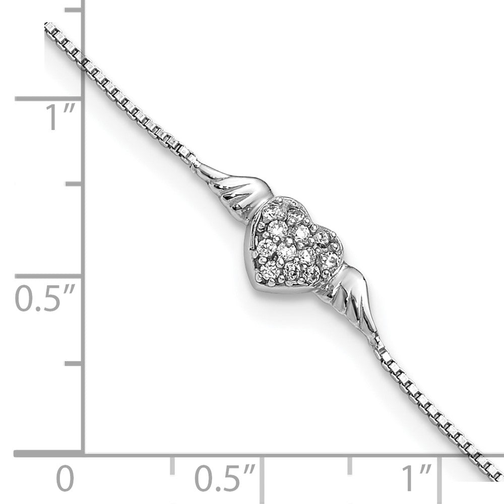 Sterling Silver Rhodium-plated CZ Heart with Wings 9 inch Plus 1 inch Extender - Total 10 inch Anklet