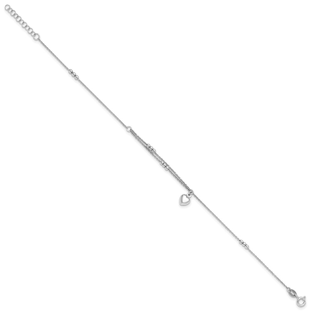 Sterling Silver Rhodium-plated Beads/Heart Dangle 9 inch Plus 1 inch Extender - Total 10 inch Anklet