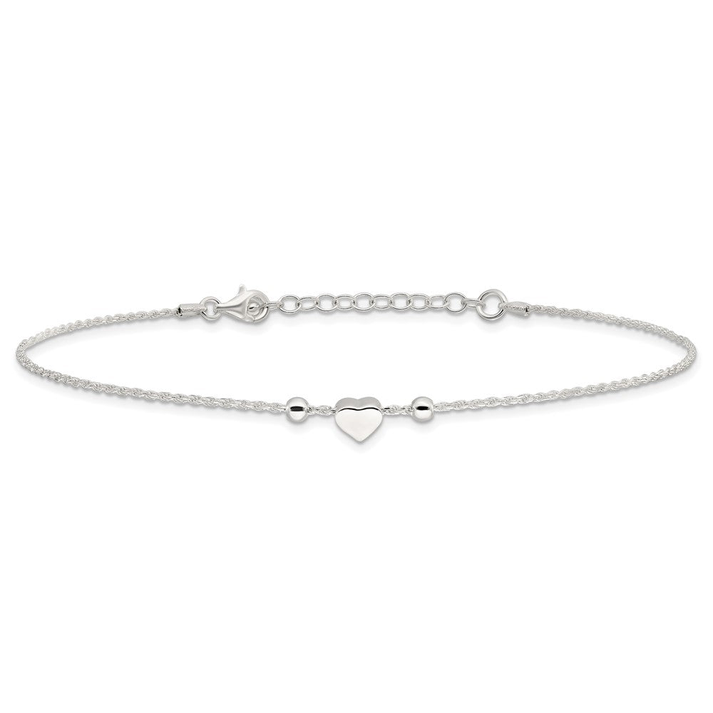 Sterling Silver Heart/Beads 9 inch Plus 1 inch Extender - Total 10 inch Anklet