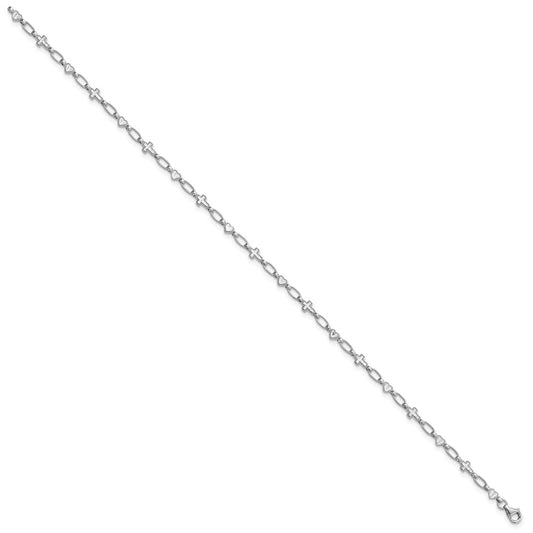 Sterling Silver Rhodium-plated 10 inch Heart and Cross Anklet
