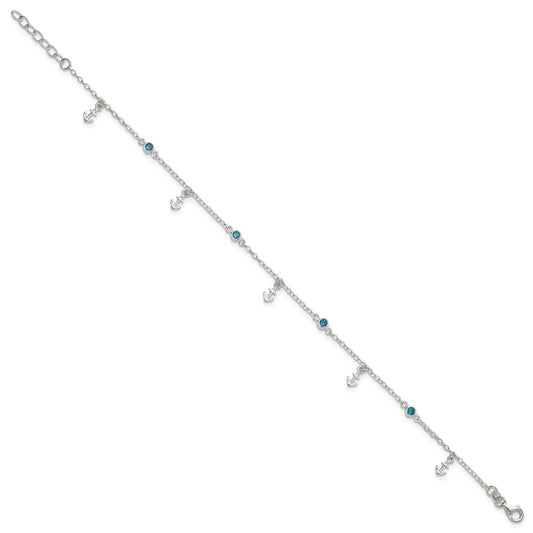 Sterling Silver Blue CZ / Anchors 9 inch Plus 1 inch Extender - Total 10 inch Anklet