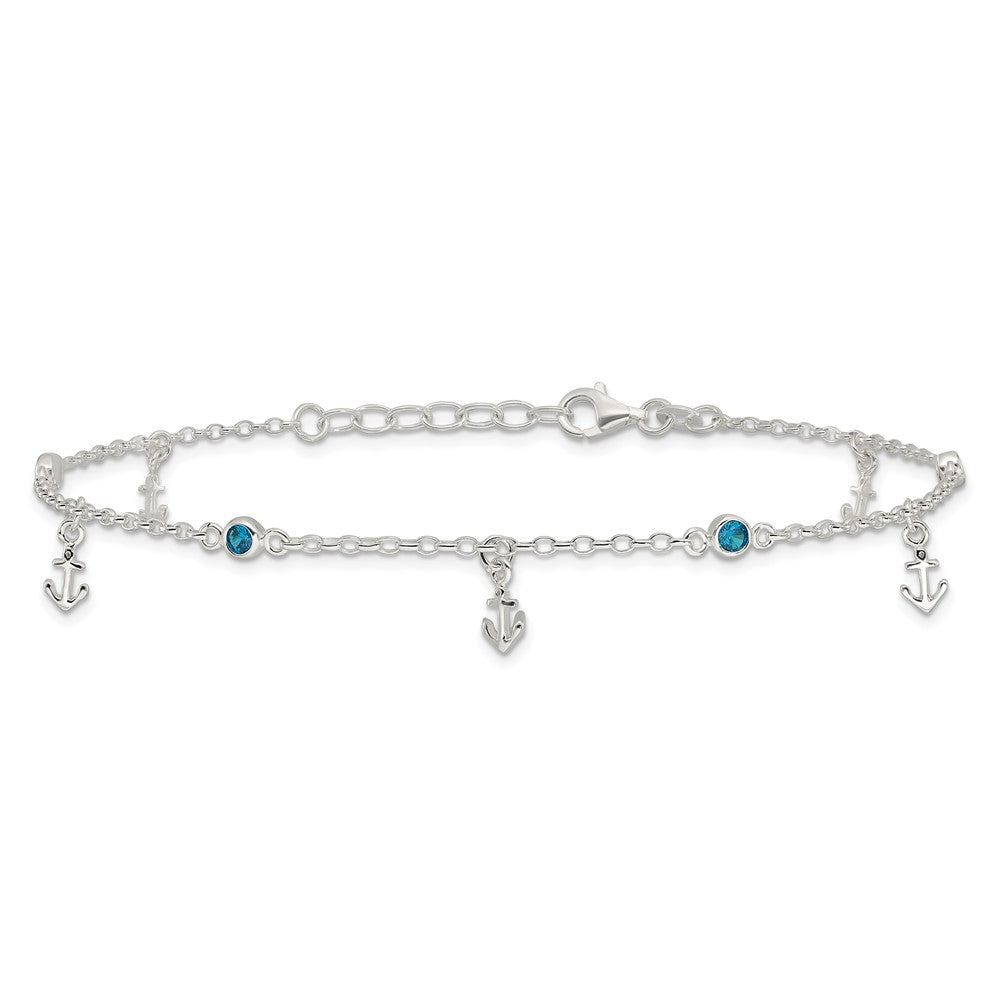 Sterling Silver Blue CZ / Anchors 9 inch Plus 1 inch Extender - Total 10 inch Anklet