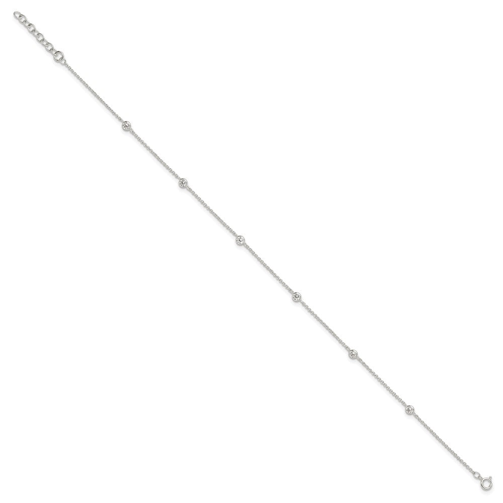 Sterling Silver E-coated CZ 6-Station 9.75 inch Plus 1 inch Extender - Total 10.75 inch Anklet