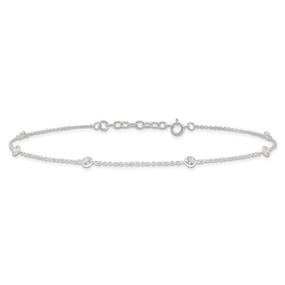 Sterling Silver E-coated CZ 6-Station 9.75 inch Plus 1 inch Extender - Total 10.75 inch Anklet