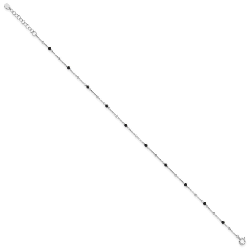 Sterling Silver Rhodium-plated Onyx Bead 9.25 inch Plus 1 inch Extender - Total 10.25inch Anklet